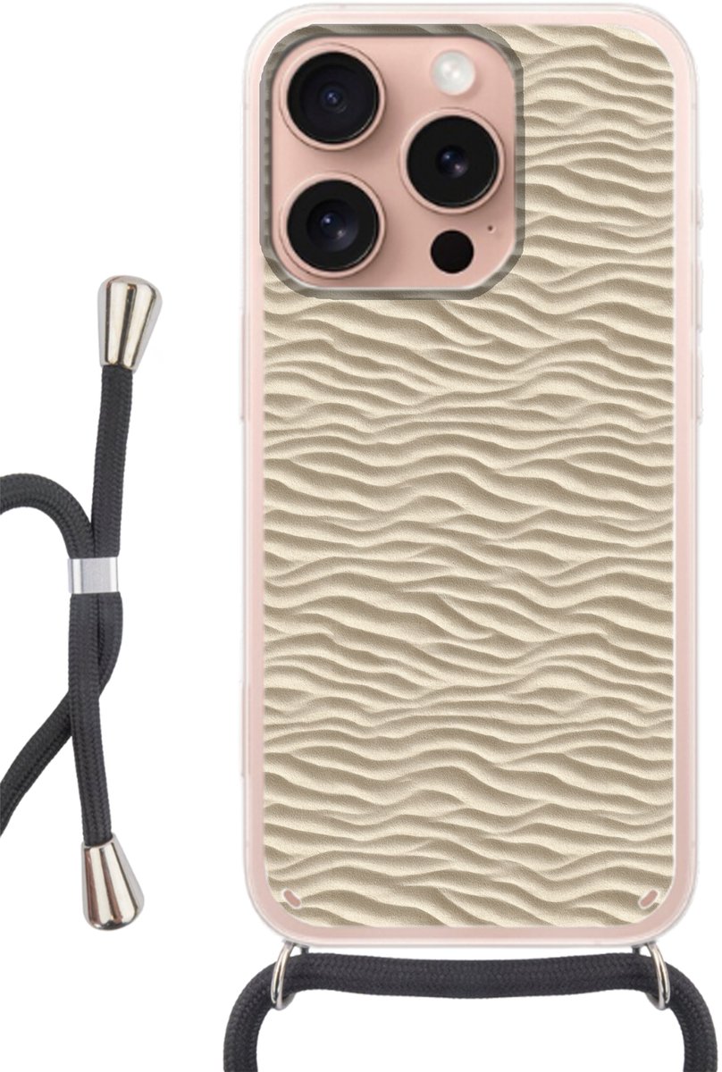 Telefoonhoesje Geschikt voor iPhone 16 Pro - Zand - Golven - Beige - Siliconen - Crossbody - Backcover met Koord - Telefoonhoesje met koord - Hoesje met touw Telefoonhoesje