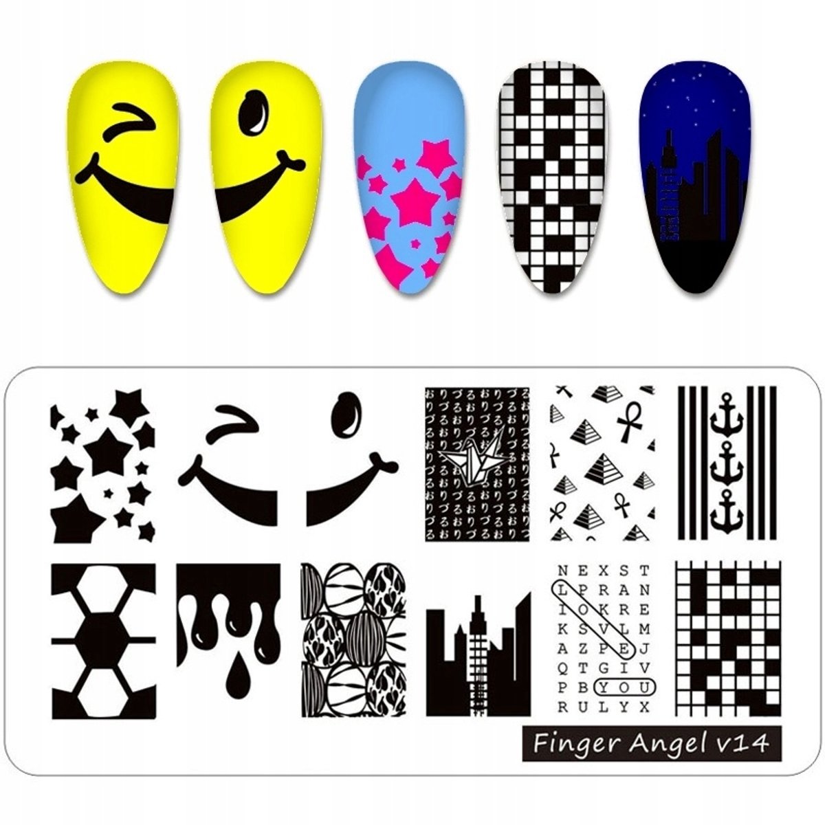 Born Pretty Finger Angel - V14 - Stempelplaat - Uśmiech - Mina - Sterren