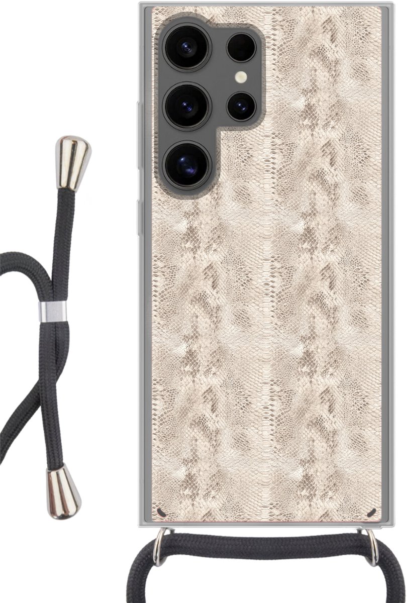 Telefoonhoesje Geschikt voor Samsung Galaxy S24 Ultra - Slang - Patroon - Beige - Siliconen - Crossbody - Backcover met Koord - Telefoonhoesje met koord - Hoesje met touw Telefoonhoesje