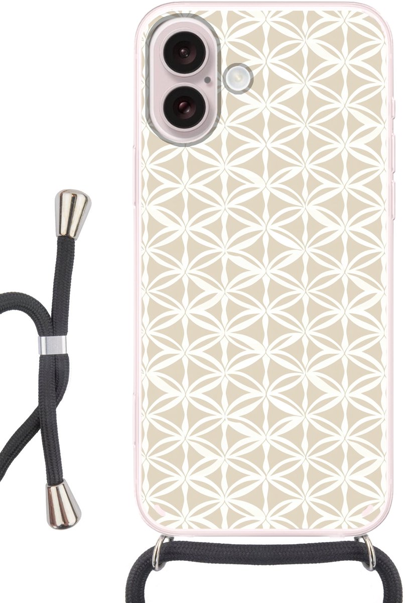 Telefoonhoesje Geschikt voor iPhone 16 - Motief - Modern - Beige - Siliconen - Crossbody - Backcover met Koord - Telefoonhoesje met koord - Hoesje met touw Telefoonhoesje