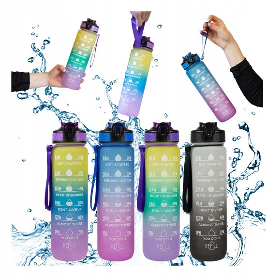 Zonder Merk Motivatie Waterfles - 1L - Sportief met Rietje - Met Markeringen — afbeelding 2