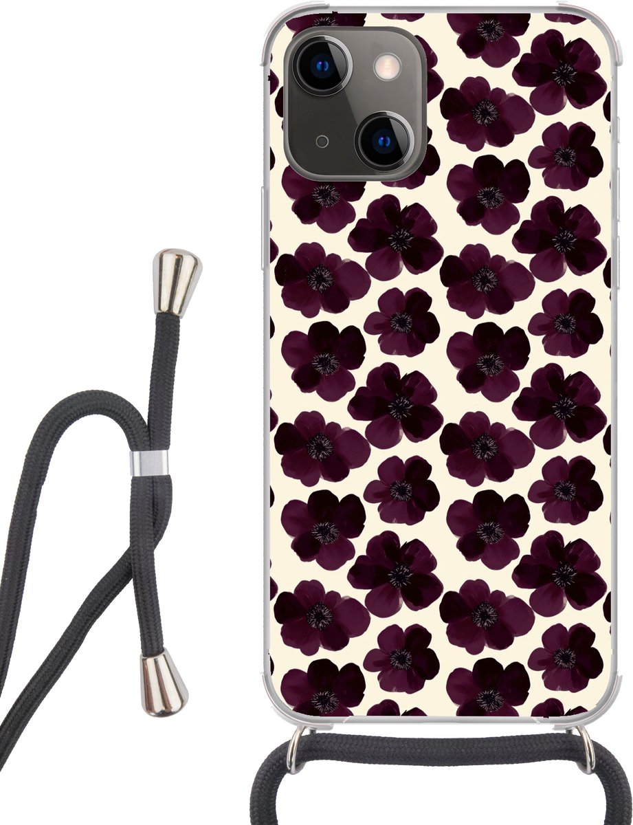Telefoonhoesje Geschikt voor iPhone 13 - Bloemen - Aquarel - Paars - Siliconen - Crossbody - Backcover met Koord - Telefoonhoesje met koord - Hoesje met touw Telefoonhoesje