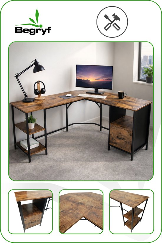 L-vormig hoekbureau met roodbruin houtlook blad, een lade en drie open vakken, met meerdere detailfoto's.
