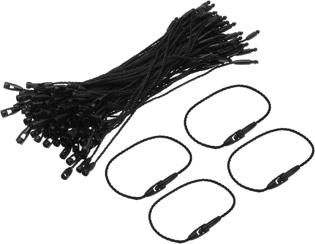 200 Stuks Polyester Touw voor Hanglabels, 120mm Kledinglabels met Snap Lock, 1mm Dikte voor Bevestigen van Kleding, Sieraden en Bagage Accessoires in Zwart