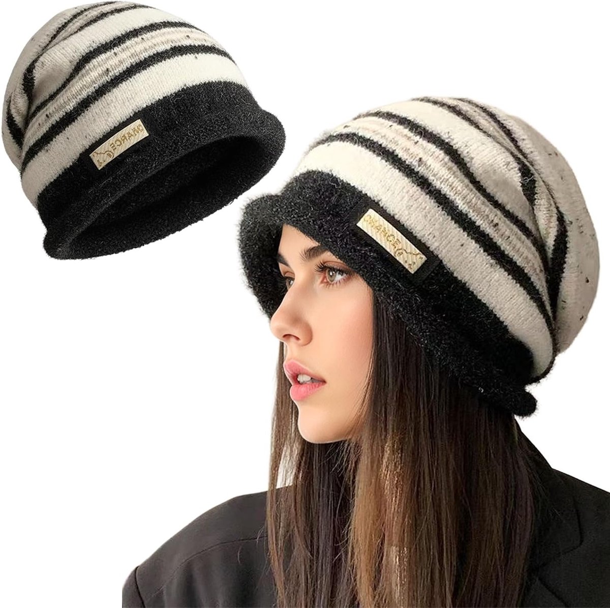Warme Gebreide Winterbeanie voor Dames met Krullende Randen - Zwart en Beige, Perfect voor Kerst en Koude Dagen