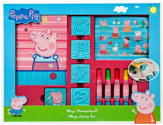 Kit créatif Peppa Pig Mega Stempel Plezier avec Peppa, tampons, stylos et décorations.