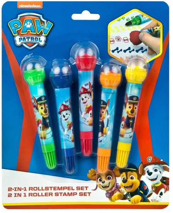 Paw Patrol 2-in-1 roller stempel set met 5 stempels in groen, blauw, rood, oranje en geel, elk met een ander Paw Patrol personage.