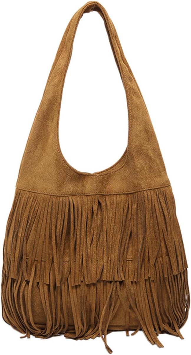 JeiibrZui Vintage - Dames Suède Hobo Tas - L - 1 Stuks Met Ritsvakken - Bruin - Retro Franjes Schoudertas Voor Werk Reizen Dagelijks Gebruik - Zacht Kunstleer Tote Bag