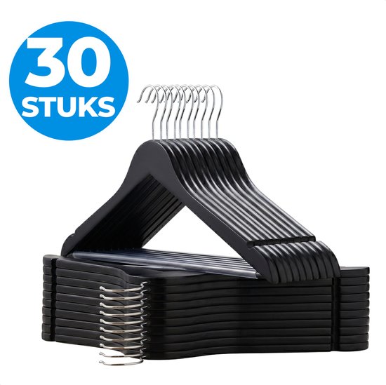 ACAZA Cintres en bois Massief 30 pièces, bois d' Esdoorn , surface lisse, cintre avec encoche et barre de pantalon, Set de 30, Zwart