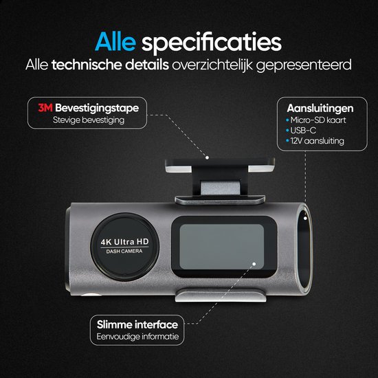 Gedetailleerde weergave van de grijze 4K dashcam met 3M bevestiging, Micro-SD, USB-C en 12V aansluitingen.