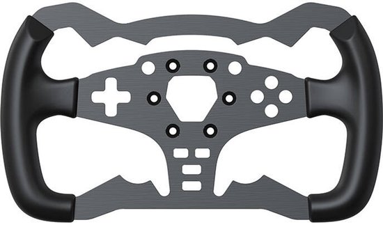 Zwart racestuur met grijs metalen middenstuk, inclusief kruisvormige knop en ronde knoppen.