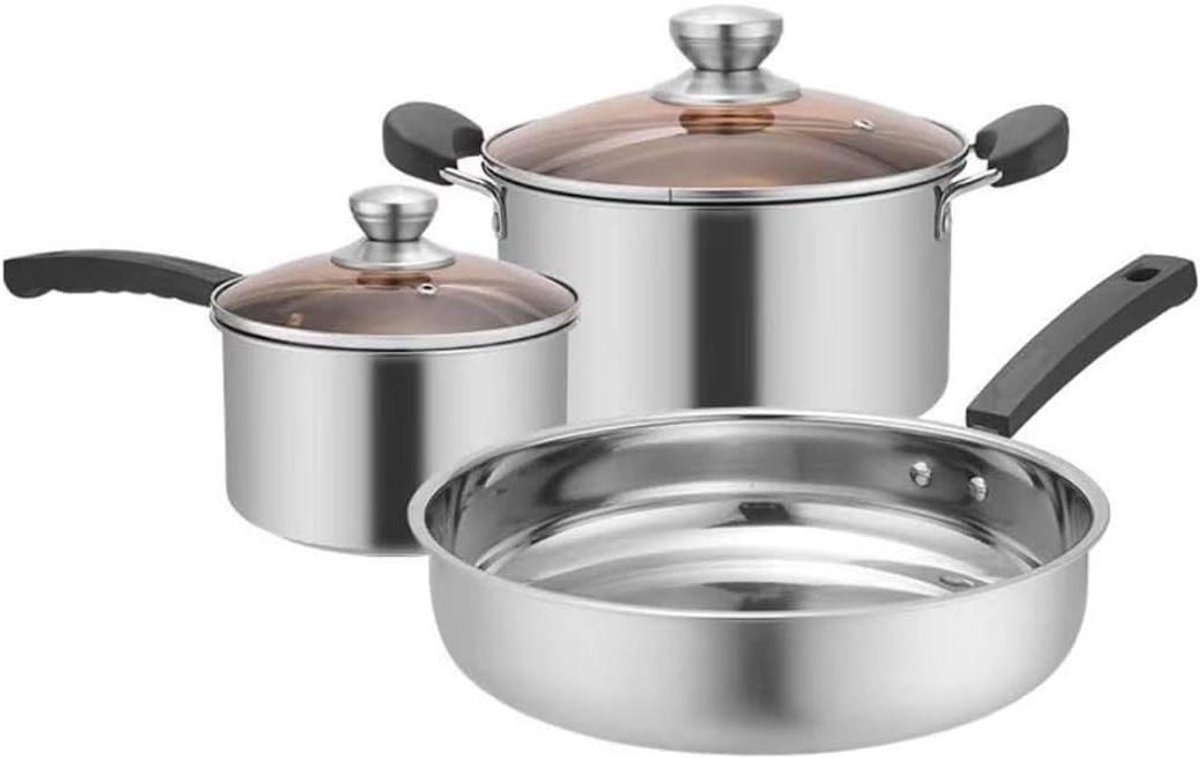 Pannenset Met 3-delige Set Roestvrijstalen Pot, Soeppan, Niet-magnetisch Kookgerei, Non-stick Pan, Inductiekookplaat Pannenset