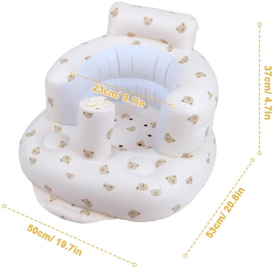 Opblaasbaar babyzitje met zuignappen (vanaf 3 maanden) - Babyvloerzitje om rechtop te zitten, met ingebouwde luchtpomp - Opblaasbare stoel voor baby's - Berenkop — afbeelding 4
