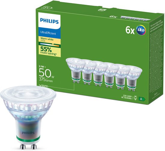 Philips UltraEfficient LED GU10 spot en verpakking van 6 stuks, 2700K warm wit.