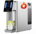 Zilverkleurige Hydrofast RO waterfilter met digitaal display, een kindflesje met melk en een 'Hot'-icoon met vlam.