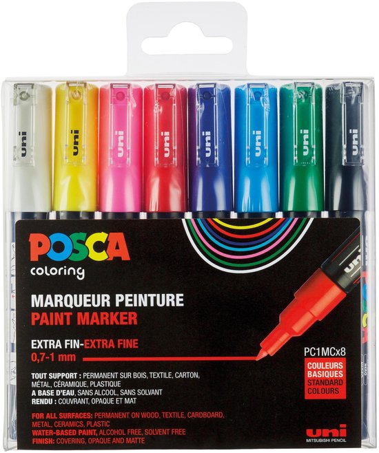 Krijtstift – Fineliner – Universele Marker – Standaard Kleuren – Uni Posca Marker – PC-1M – 0,7mm – 8 stuks