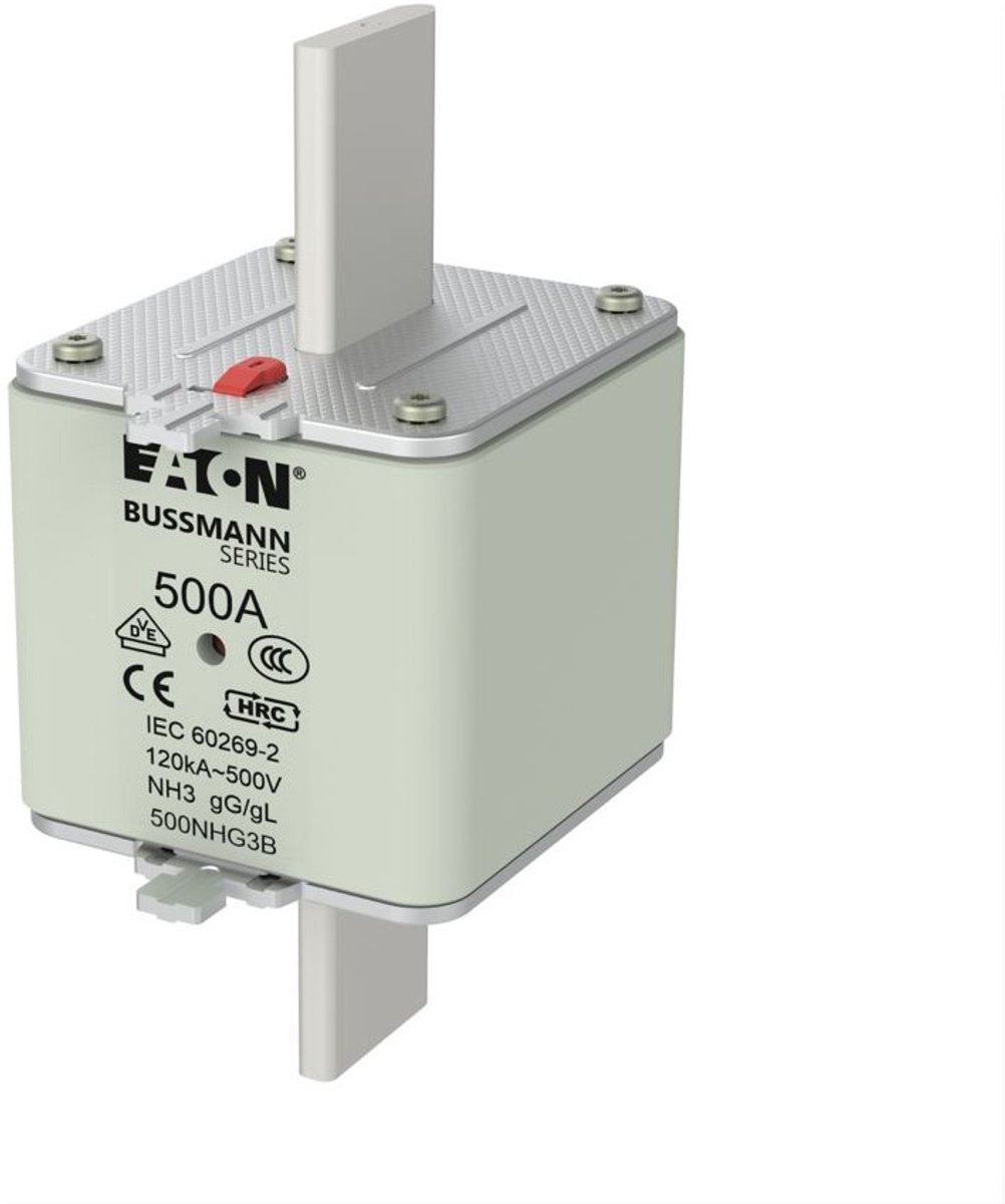 Eaton Zekeringinzetstuk, laagspanning, 500 A, AC 500 V, 120 kA, NH3, gL/gG, IEC, dubbele indicator, spanningvoerende greep, 500NHG3B