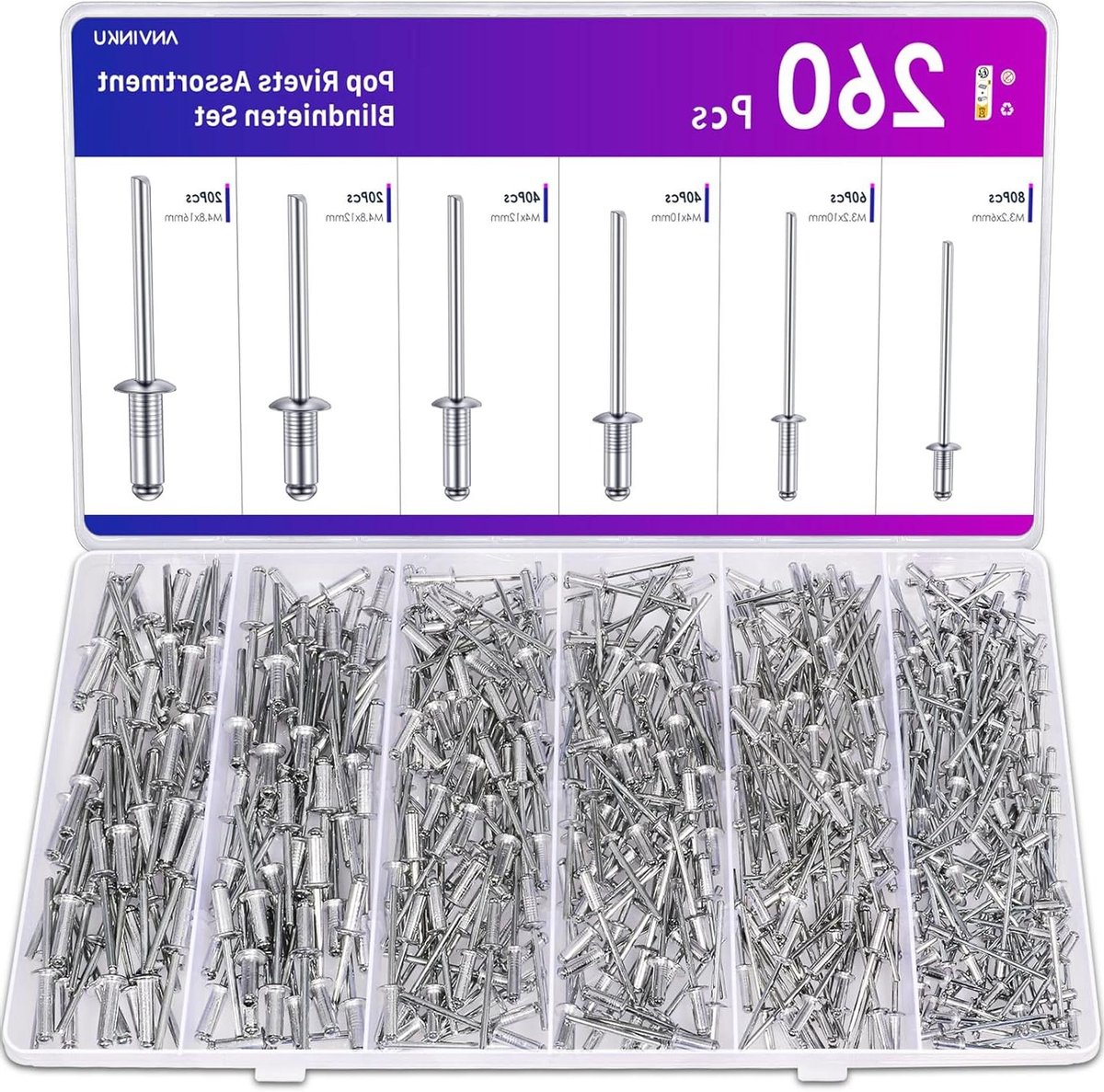 Blindklinknagelset - Aluminium Klinknagels - Metaal Bevestigen - Corrosiebestendig Materiaal - 260 Stuks - Zilver