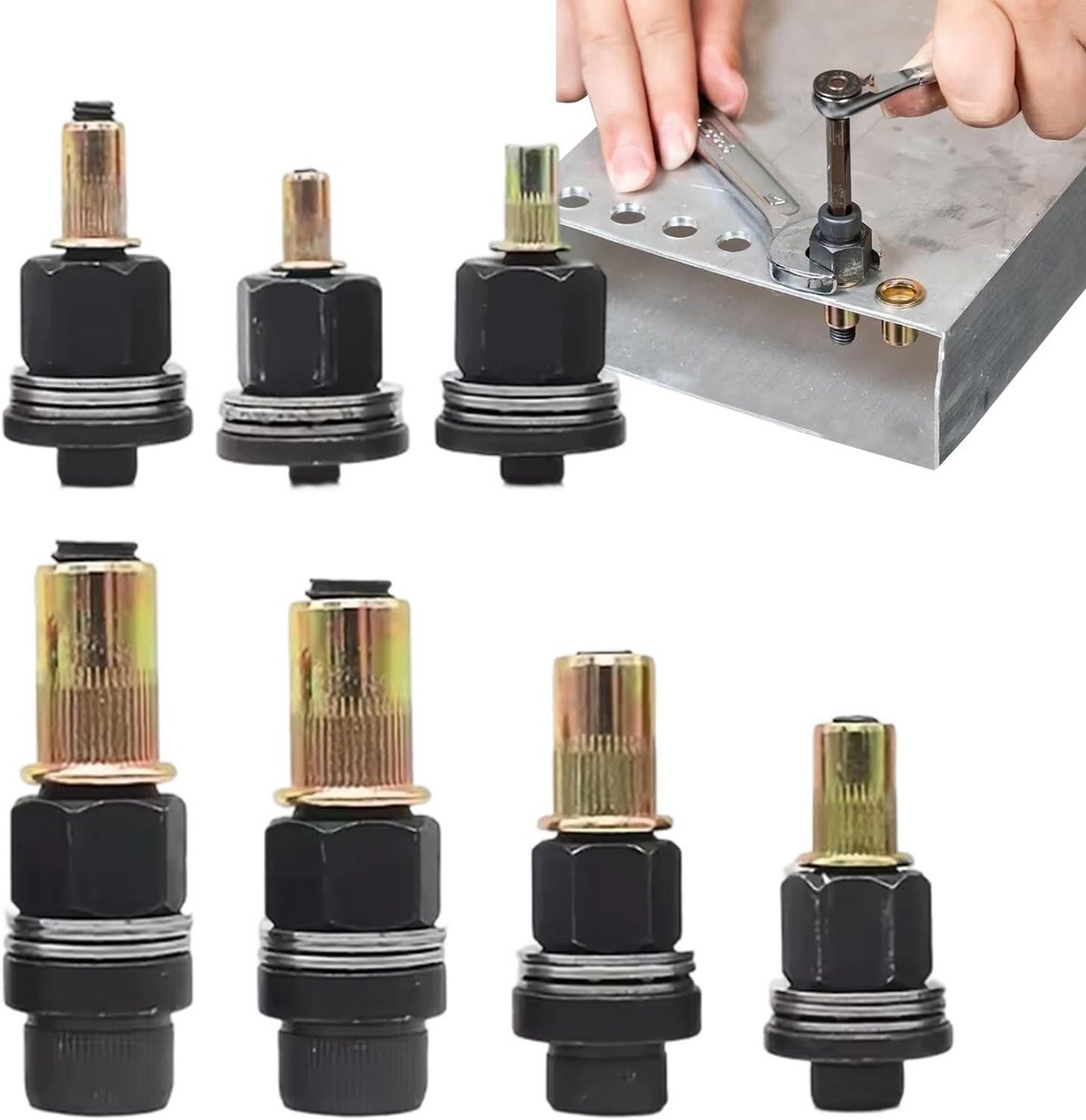 Klinknagel Gereedschap Set - Moerinzet Sets - Bevestiging Metalen - Dubbele Functie - 7-delig - Zwart