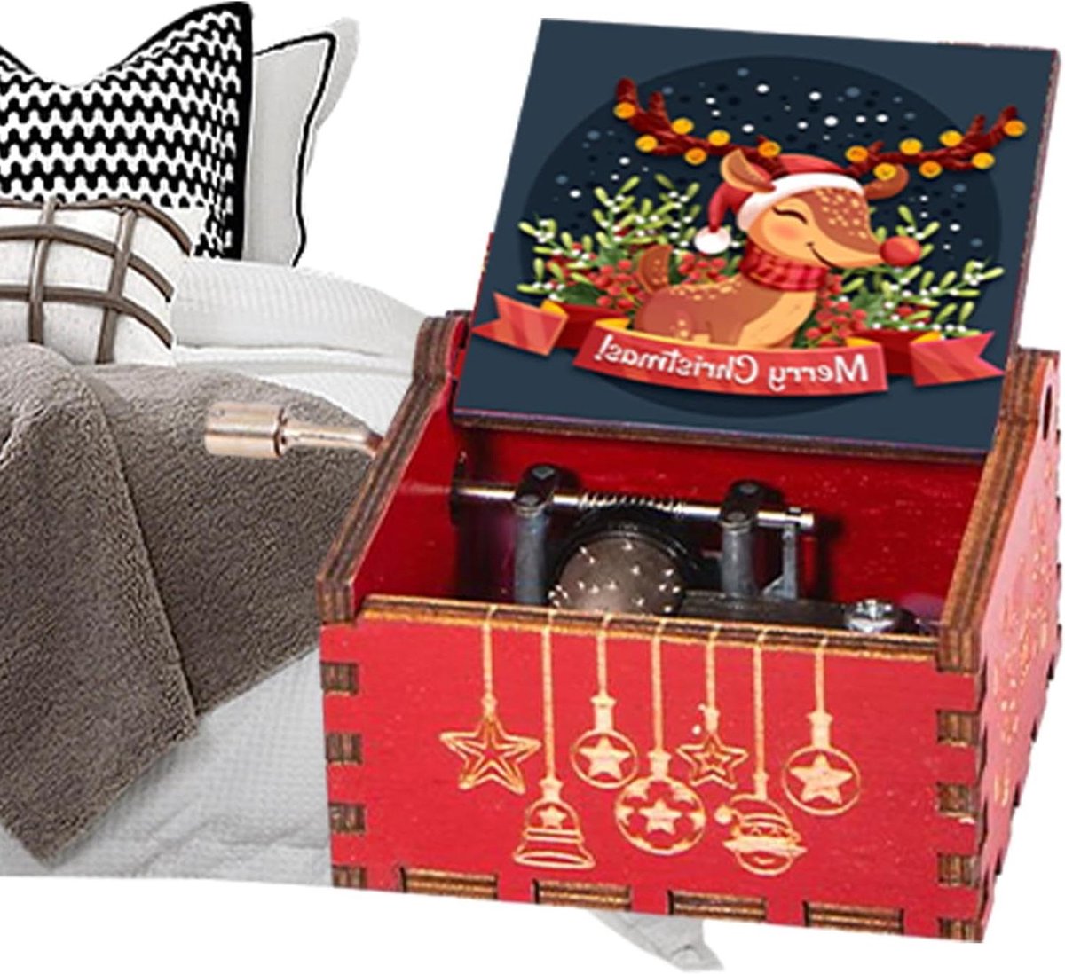 Kerst Muziekdoos - Houten Muziekdoos - Feestelijke Decoratie - Handslinger Bediening - 6.4 cm - Houtkleur
