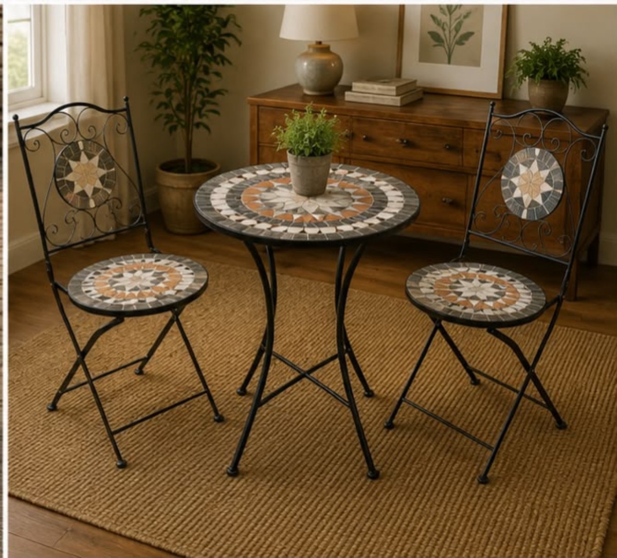 Bistroset 3-delig 60 x 60 x 75 cm – Mozaïek Tuinset met Tafel en 2 Opvouwbare Stoelen, Balkonset voor Tuin, Terras en Balkon, Earth Brown – Mobili Bella