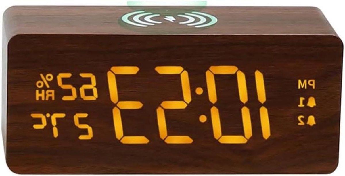 Kalenderklok LED - Digitale Wekker - Draadloos Opladen - Houten Decoratie - 16 x 9 x 8 cm - Bruin
