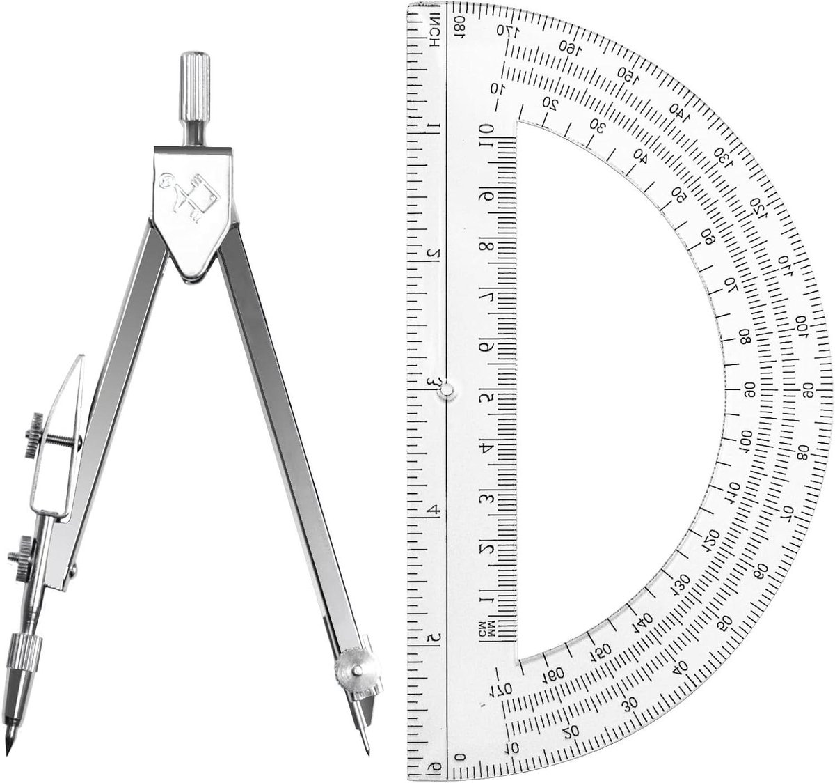Geometrie Math Set - Tekenen Kompas - School Tekeningen Maken - Transparante Zwaaiarm - 15.5cm Protractor - Transparant