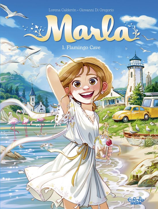 Marla 1, 1. Flamingo Cave: Een meisje met blond haar, een witte jurk en een hoed, staande op een strand met flamingo's, een gele auto en een vuurtoren.