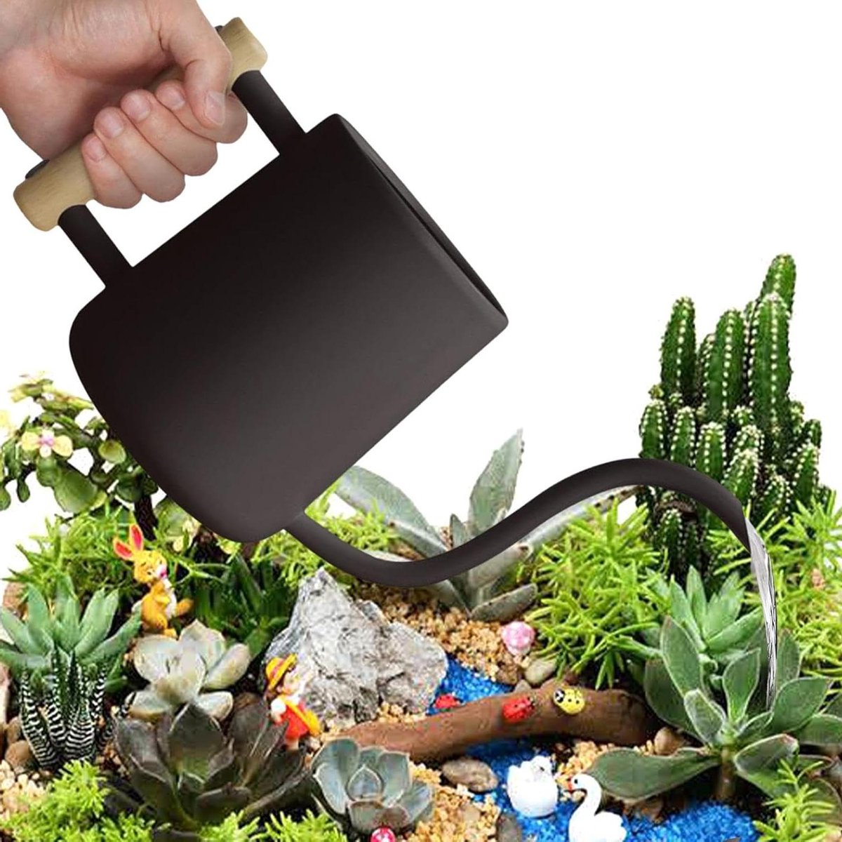 Gieter Kamerplanten - Waterkan Lange Tuit - Precisie Water Geven - Roestvrij Staal Hout - 35 oz Capaciteit - Zwart