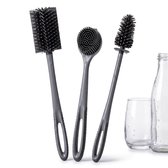 Cheqo® Siliconen Afwasborstel Set van 3 - Vaatborstel - Flessenborstel - Glazenborstel - Pannenborstel - Keukenborstel - Schoonmaakborstel - Flexibele Borstel met Schraper - Vaatwasbestendig en Antibacterieel - voor Glazen en Flessen - Grijs