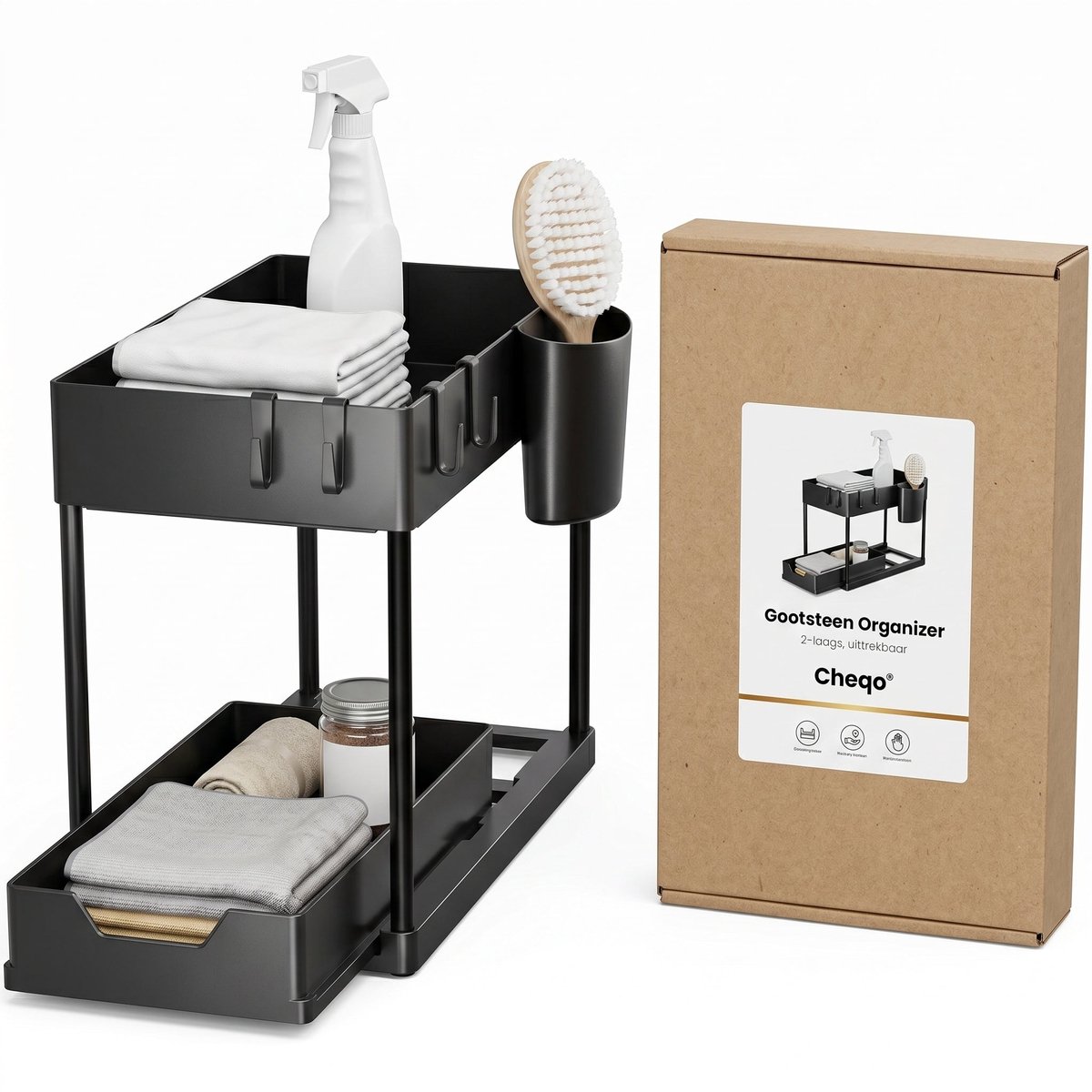 Cheqo® Onder de Gootsteen Organizer 2-Laags - Uittrekbare Kast Organizer - Keukenkast Organizer - Gootsteenorganizer - Uitschuifbare Schuiflade - Onderkast Organizer - Opbergrek voor Onder de Wastafel - Keuken en Badkamer Organizer - Zwart — cadeau in Cadeau-ideeën - foto 4