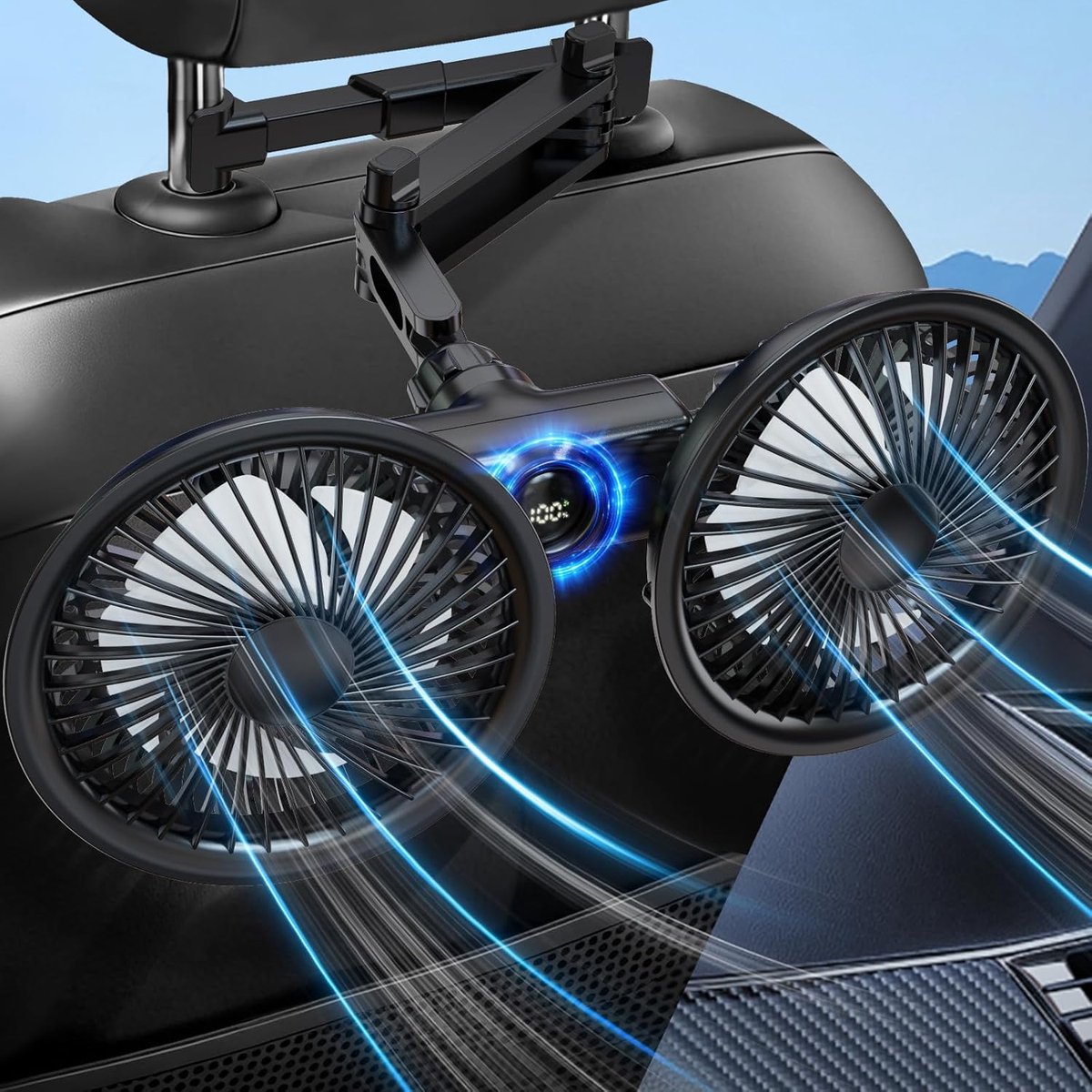 Ulisem - Achterbankventilator - 3600mAh oplaadbaar - 3 snelheden - Dubbel 5.7 inch kop - 360° roteerbaar - Led display - Inclusief oplaadkabel - Geschikt voor auto en reizen - Zwart - Model met achtersteun