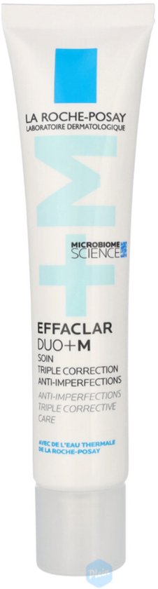 Tube La Roche-Posay Effaclar Duo+M avec le texte 'MICROBIOME SCIENCE' et 'ANTI-IMPERFECTIONS'.