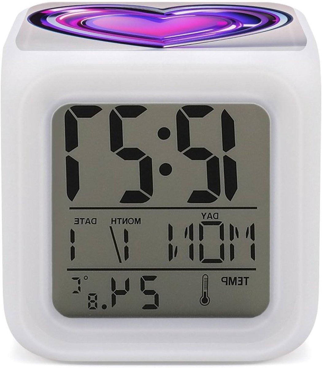 Digitale Wekker - Nachtlamp Klok - Ruimte Verlichten - Zeven Kleuren Verandering - 31 Inch Kubus - Paarse Harten