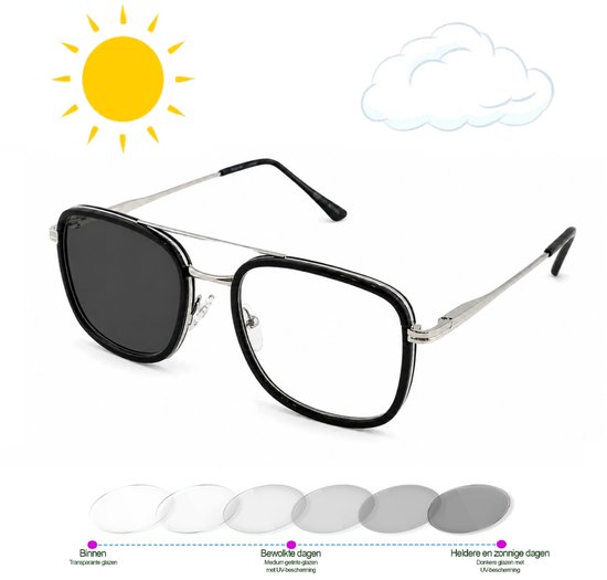 Charley - Leesbril EN zonneleesbril ineen – Kleur zwart - Sterkte +1.50 - Meekleurend UV400 photochromic - Stevige pasvorm - Modern & stijlvol