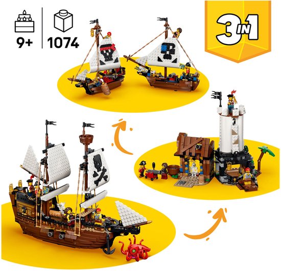 LEGO Creator 3in1 Klassiek Piratenschip Piraten Boot Speelgoed voor Kinderen 31387