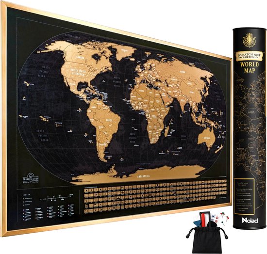 Gouden wereldkaart met lijst, inclusief een koker, een tas met accessoires en pinnetjes. De kaart toont continenten, landen en oceanen.