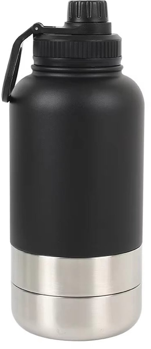 Honden drinkfles met voerbakken - Waterfles hond - Dubbelwandig - Thermosfles - Hondendrinkbak - Multifunctioneel - Hondenvoerbak - RVS Fles - Lekbestendige dop - BPA vrij - 1 Liter - Met handvat - Perfect voor onderweg