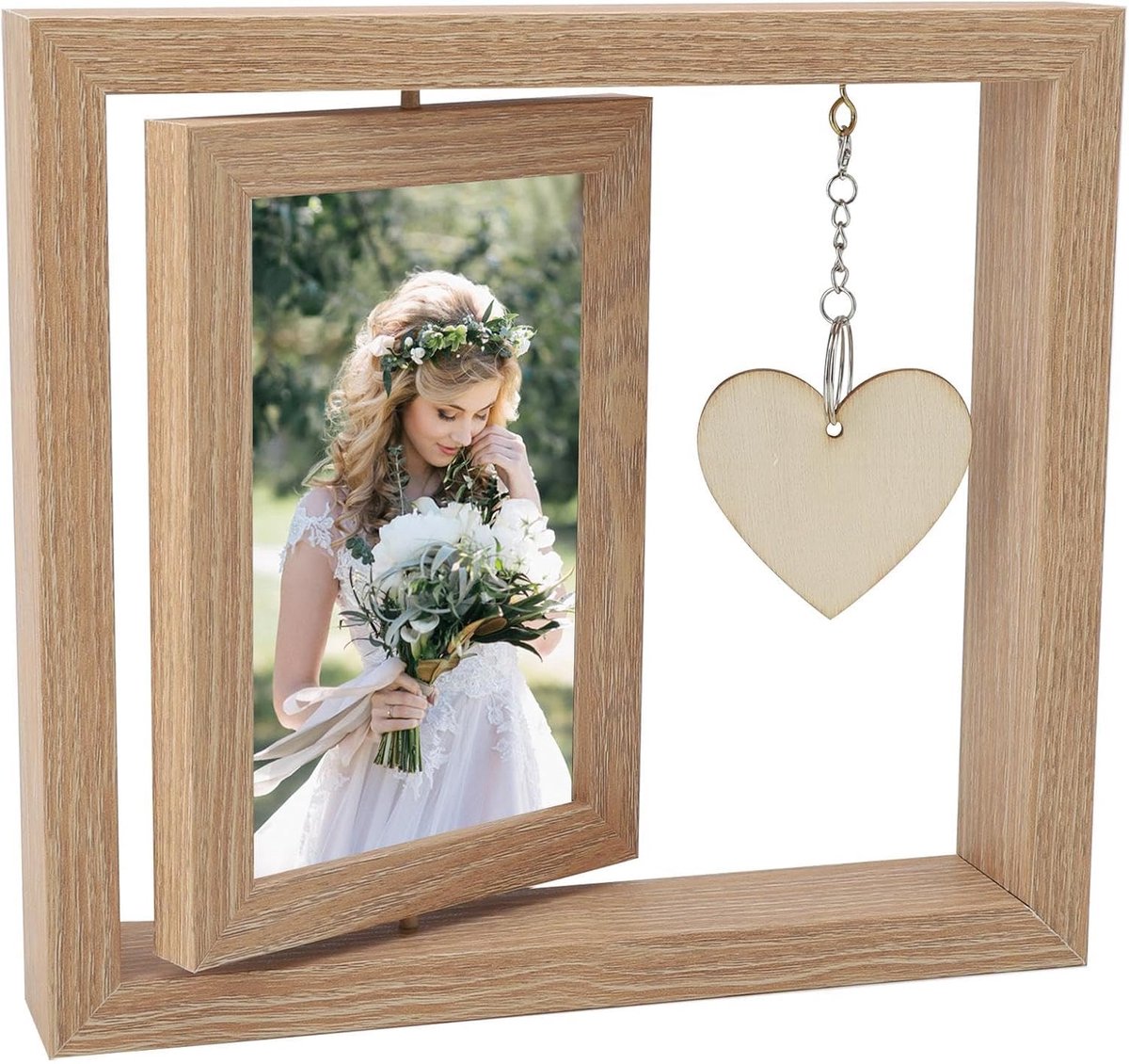 carmdering - Fotolijst - Houten Fotolijst - Dubbelzijdige Fotolijst - Lichtbruin, 10×15 cm, 360° draaibaar - Met hartvormig label om zelf te schrijven - Voor bureau, slaapkamer en woonkamer - Cadeau voor moeder - Stofdicht en vochtwerend