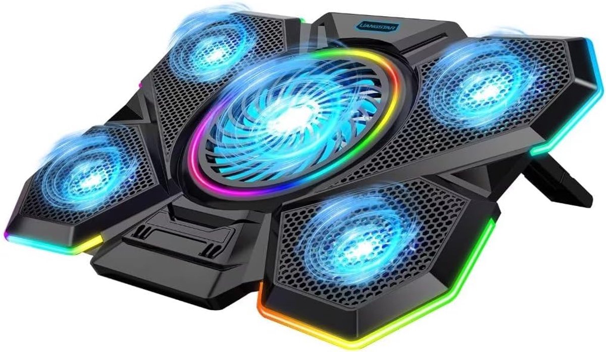 LIANGSTAR Cooler for 12-17 Inch Laptops, 5 Fans Cooling Pad (2100RPM) with Non-Slip Stand, 6-Way Height Adjustable, USB Connection, RGB Lighting