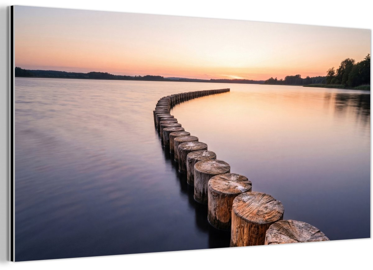 Aluminium schilderij 120x60 cm - Wanddecoratie metaal - Hout - Palen - Water - Metalen muu