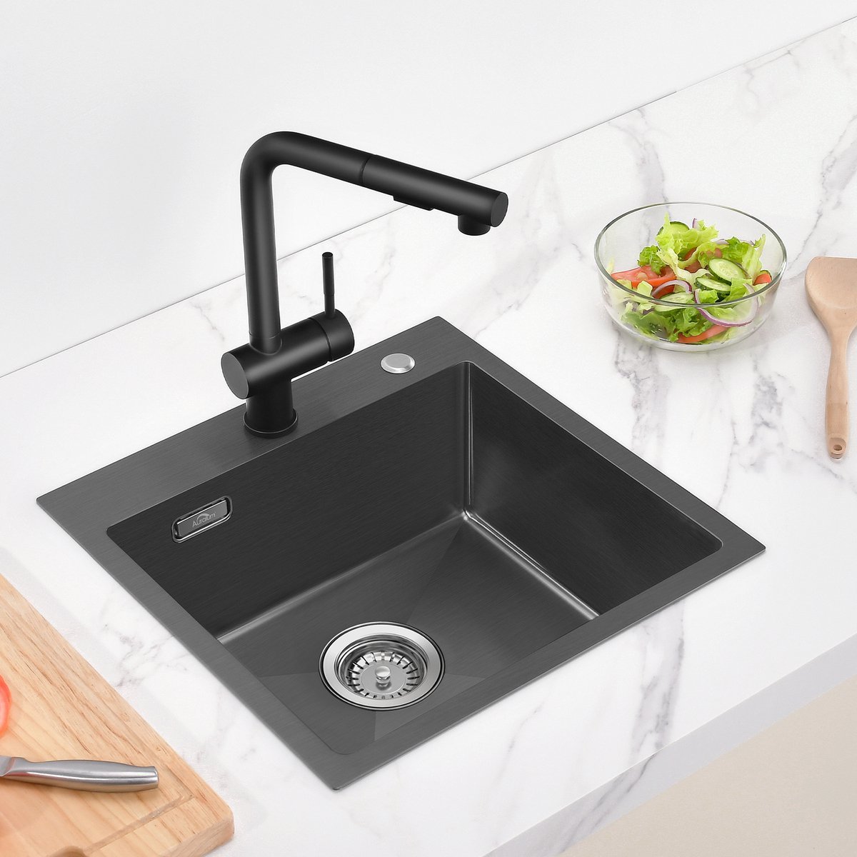 Cecipa MAX Compacte Spoelbak - 30x45 cm - Enkele Keuken Gootsteen Zwart RVS - Met Overloopbeveiliging & Geluidsdemping - Inclusief Sifon