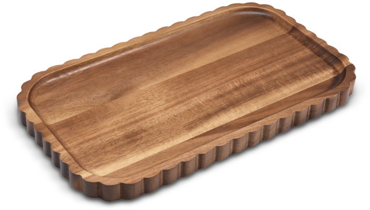 FLORI Acaciahouten Serveerschaal – 34 x 20 cm – Decoratieve Houten Tray – Rechthoekige Serveerplank met Sierlijke Rand – Bruin