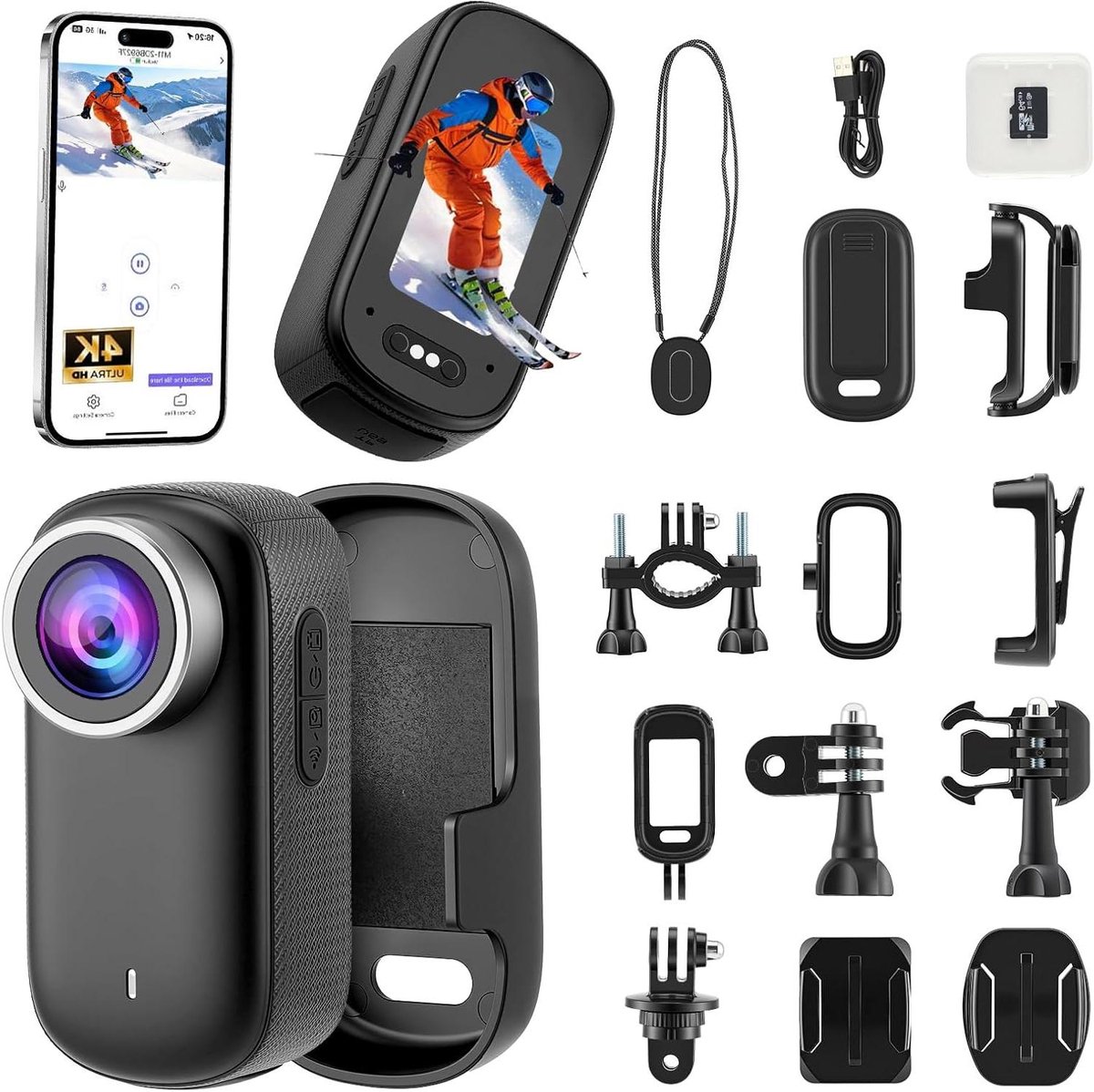 Mini Actie Camera - Sport Camera - Avonturen Vastleggen - 180° Draaibaar Scherm - 30m Waterdicht - Zwart