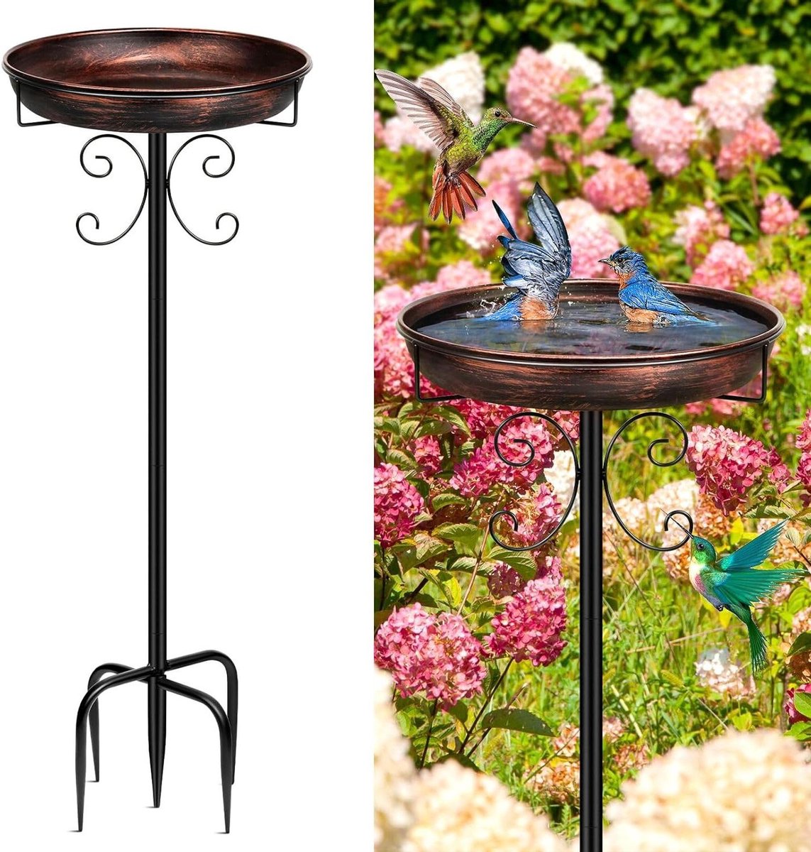 Vogelbad Staand - Buitenbad Vogel - Tuindecoratie Vogels - Verstevigd 5-Poot Onderstel - 99 cm Hoog - Antiek Brons