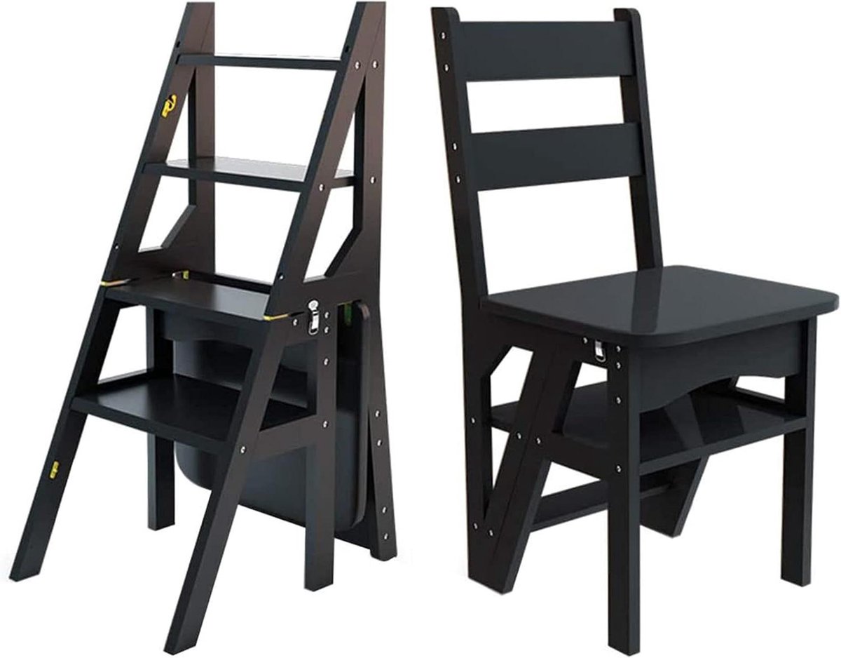 Houten Opstapje - Vouwkruk Ladder - Huis Organiseren - Stevige Grenen Constructie - 90 cm Hoog - Zwart