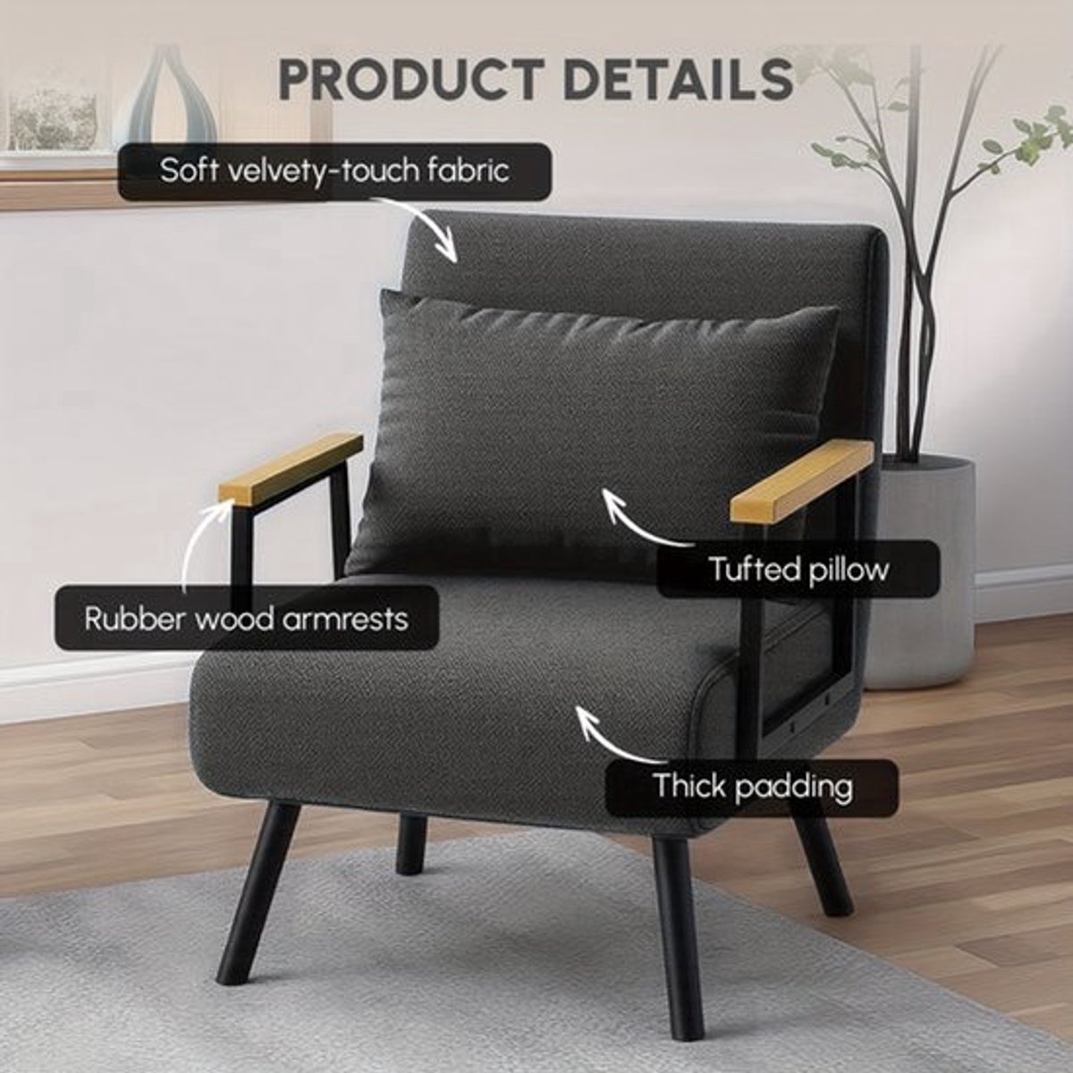 Loungestoel – Fauteuil – Relaxstoel – Zitzak – Stoel – Grijs – Memory Foam – Houten Frame
