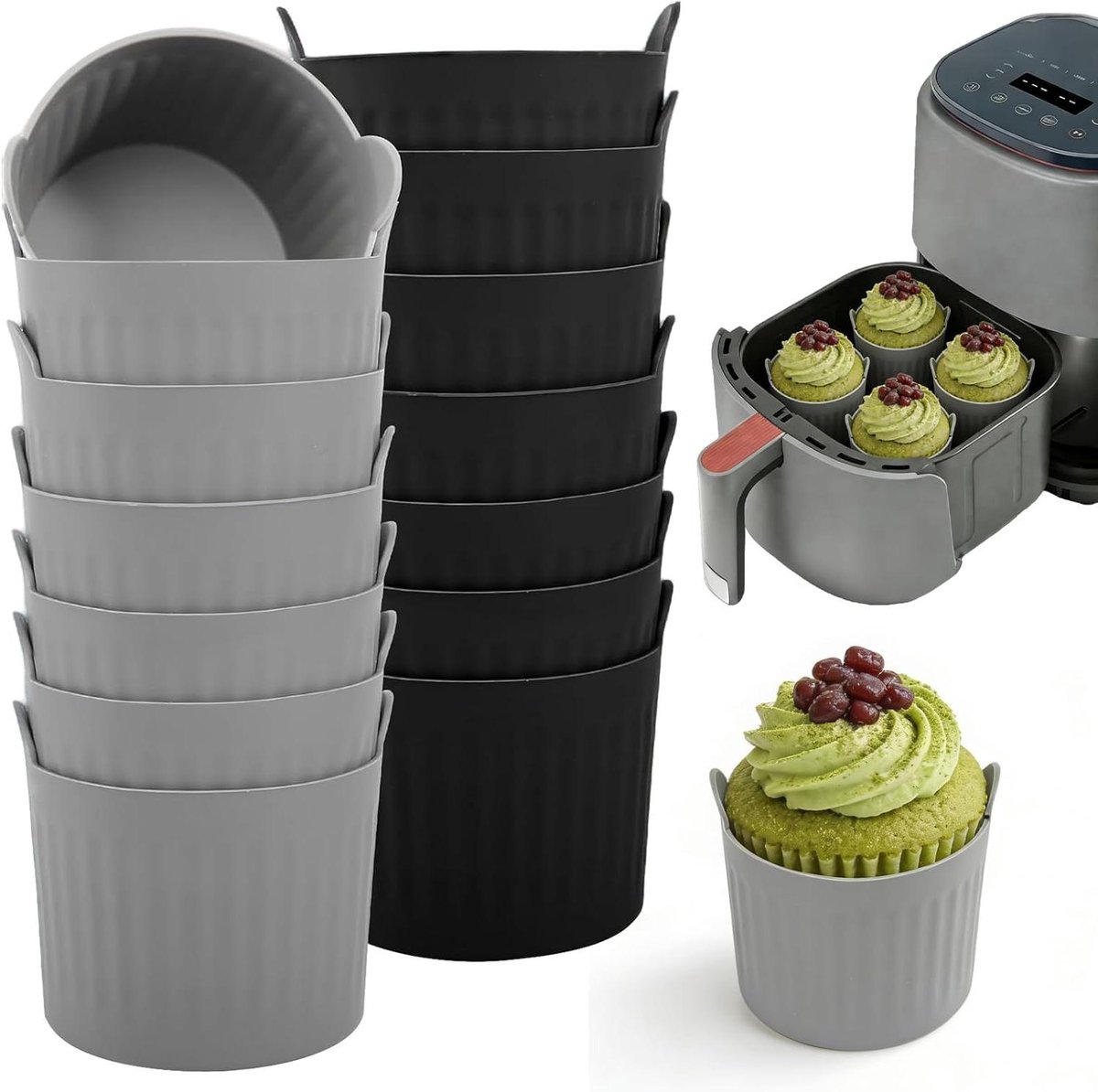 Muffin Vormpjes - Cupcake Bakvormen - Bakken in Airfryer - Voedselveilig Silicone - 14 stuks - Grijs Zwart