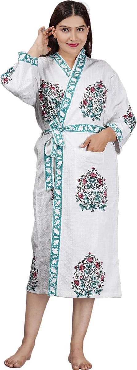 Kimonojas Badstof - Lange Kaftan - Thuis Ontspannen - Hand Bedrukt - Één Maat - Multicolor