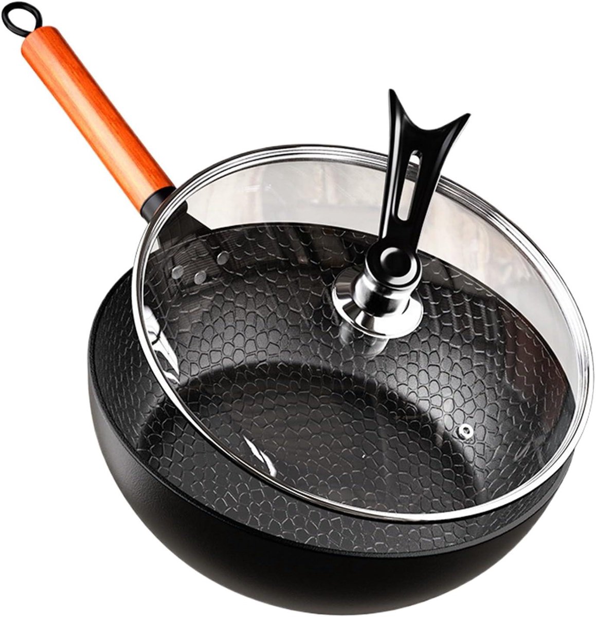 Koekenpan Met Deksel - Handgemaakte Pan - Buiten Koken - Natuurlijk Anti-aanbak - 28cm Diameter - Zwart